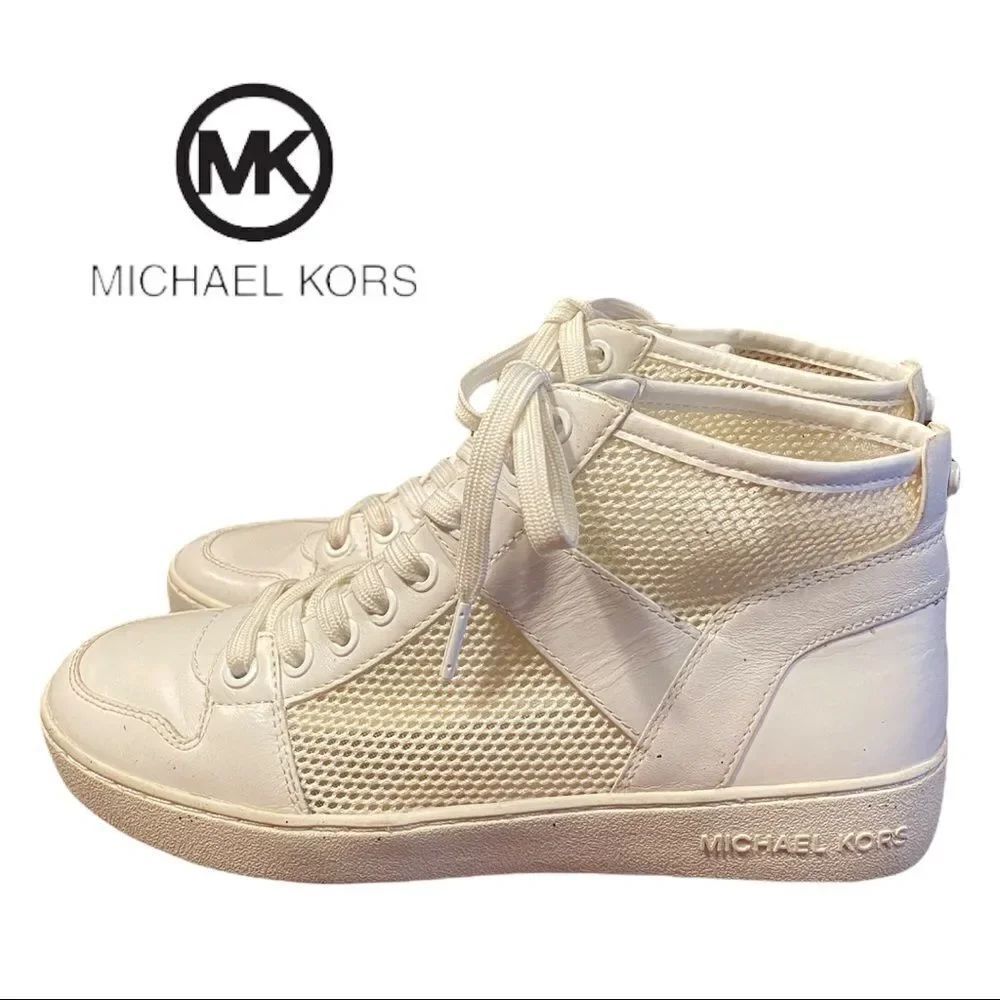 Michael Kors Women's White Leather Mesh Mid Tennis Shoes Sneakers 7.5